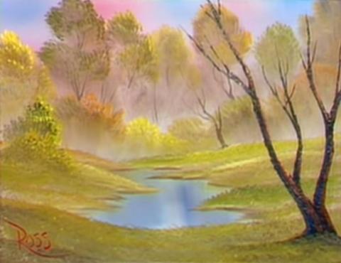 a Bob Ross painting of stream of water between the valley of grass and trees