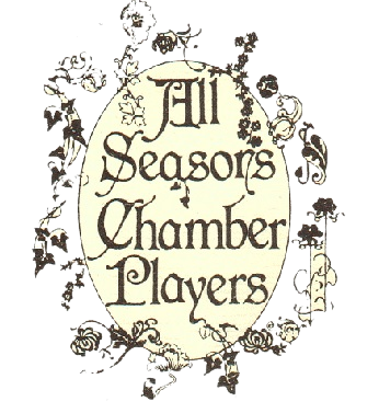 the logo for all seasons chamber players, their name in a scripted font on a yellow oval, surrounded by flowers