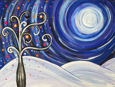 A colorful painting of a moon over snowy hills with a black curly tree in the foreground. 