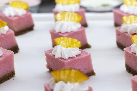 color photos of little pink confections 