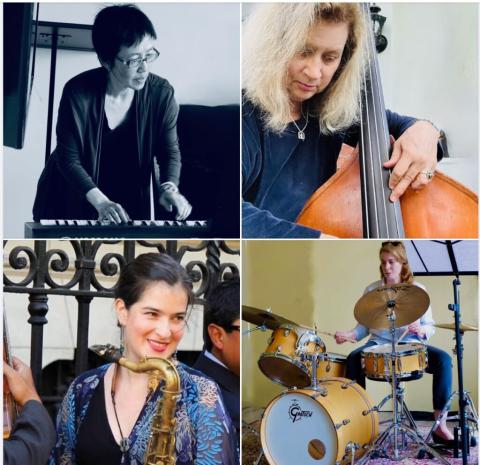 Four musicians playing their instruments 