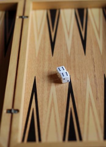 a close up picture of a backgammon board with a single die resting in the middle 