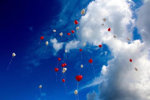 red and white heart shaped balloons soar into the clouds 