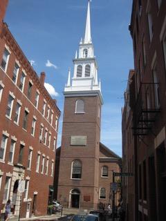 color photo of a church tower 