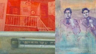 A painting in three quadrants of a fire, two men sitting with a turquoise and lavander overlay and  car radio. 