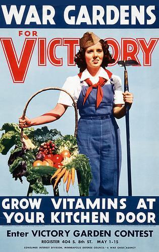 vintage poster of a woman standing with a basket of vegatables in front of the word 'victory'