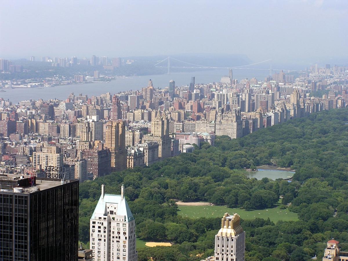 color aerial photograph of central park and surrounding skyscrapers on a foggy day