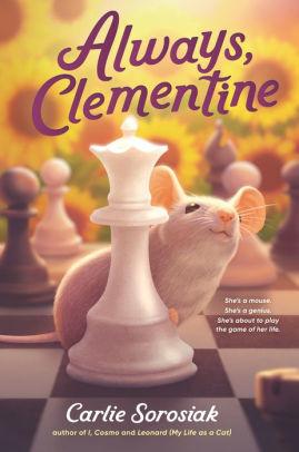 Book cover showing a white mouse behind a chess piece with sunflowers behind her