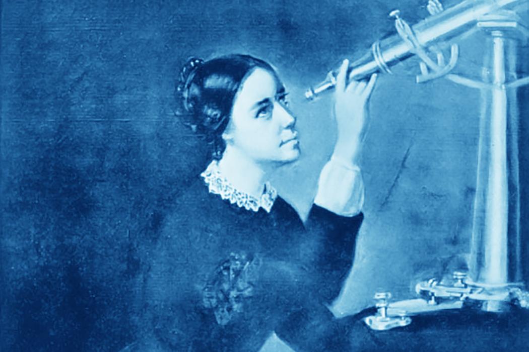 Drawing in blue tones of a woman, Maria Mitchell, looking through a telescope. 