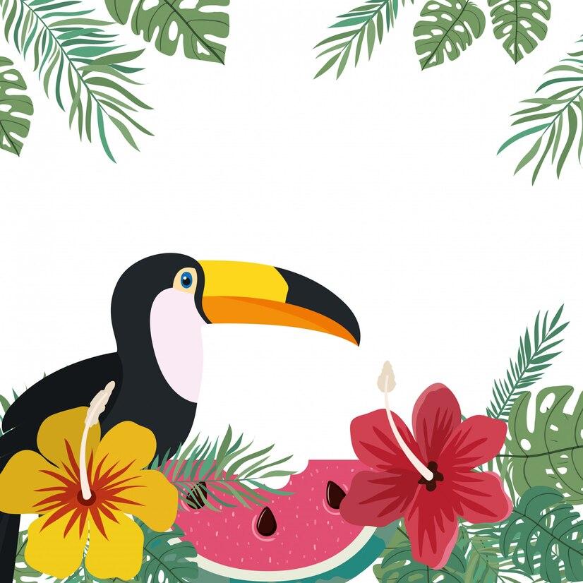 Tropical scene with a toucan, watermelon, and flowers