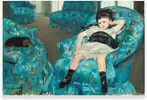 An oil painting by Mary Casset of a little girl slouched on a bright blue chair. 