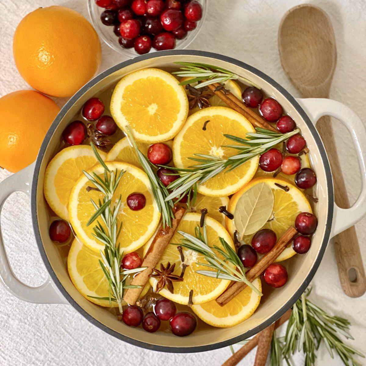 color photo of a pot with lemon slice, cranberries, rosemary and cinnamon sticks 