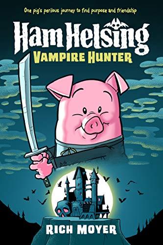 Pig holding a sword with a haunted house on the bottom