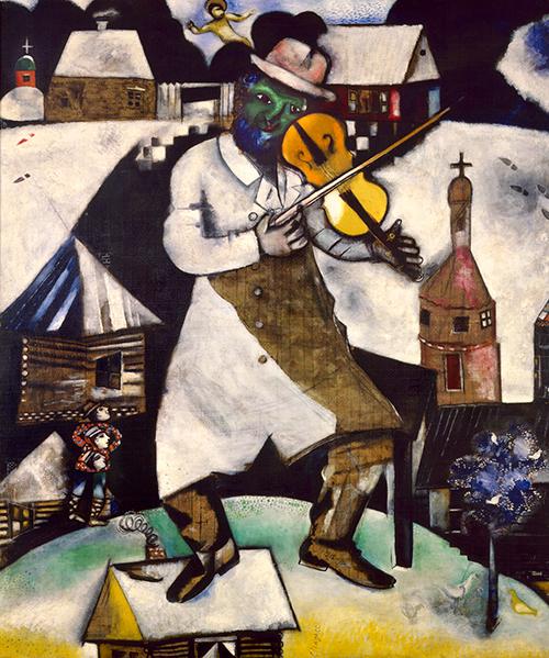 An oil painting of Chagall's representing a fiddler on the roof 