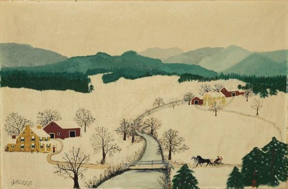 color pencil drawing of a small village in a valley between two mountains covered in snow 