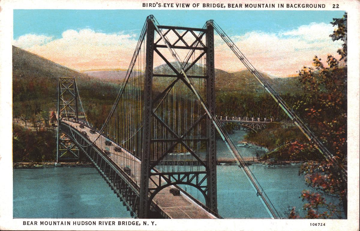 Postcard image of the Bear Mountain Bridge and Hudson River