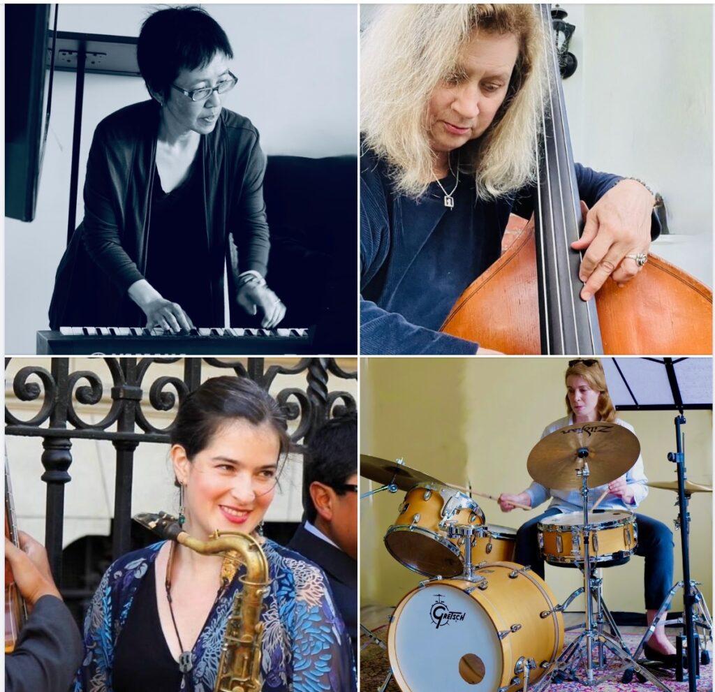 Four musicians playing their instruments 