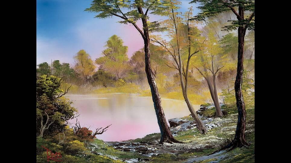 oil painting of trees by a river 