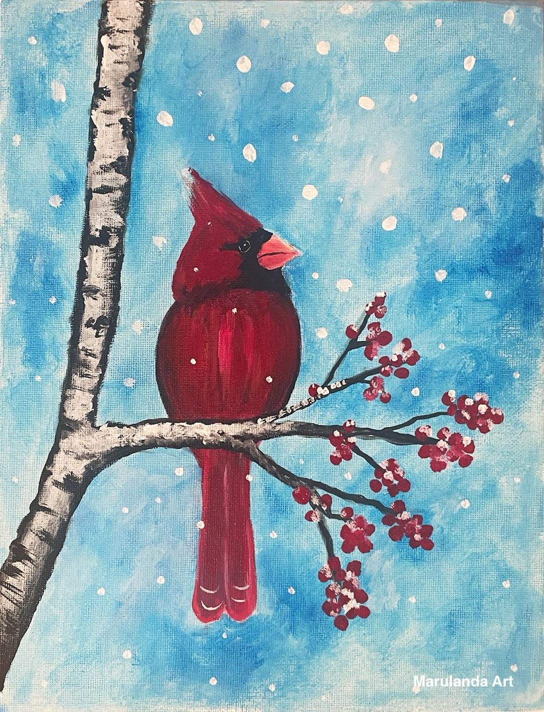 painting of a red cardinal sitting on a branch in the snow 